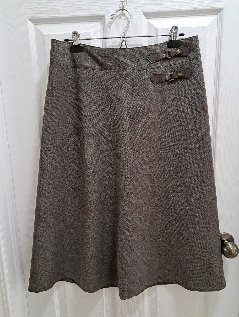 Jessica Size 12 Brown A-Line Skirt Lined Faux Leather Buckle Vintage Plaid
